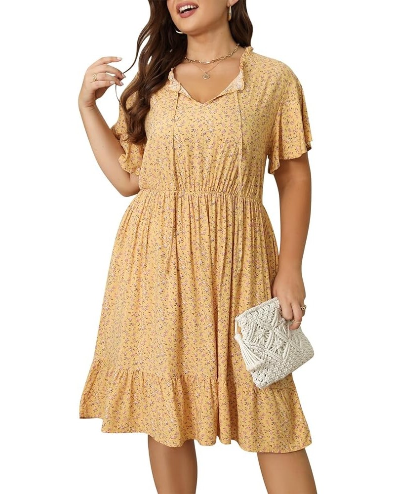 Womens Plus Size Boho Floral Print Tie V Neck Midi Flowy Dress with Pocket NEM416 Yellow Print $18.86 Dresses