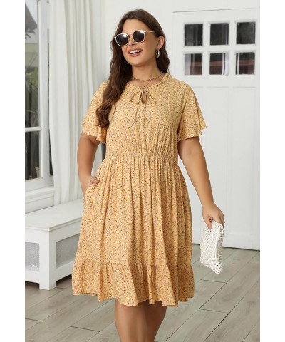 Womens Plus Size Boho Floral Print Tie V Neck Midi Flowy Dress with Pocket NEM416 Yellow Print $18.86 Dresses