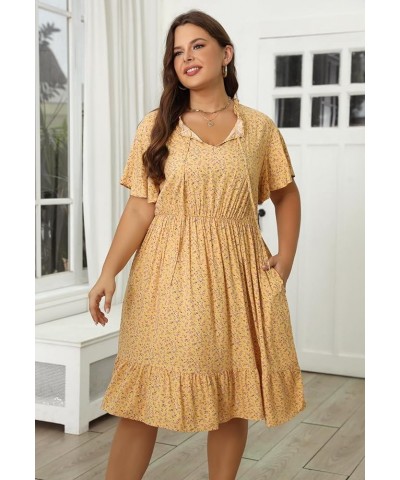 Womens Plus Size Boho Floral Print Tie V Neck Midi Flowy Dress with Pocket NEM416 Yellow Print $18.86 Dresses