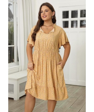 Womens Plus Size Boho Floral Print Tie V Neck Midi Flowy Dress with Pocket NEM416 Yellow Print $18.86 Dresses