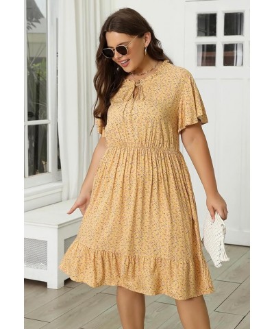 Womens Plus Size Boho Floral Print Tie V Neck Midi Flowy Dress with Pocket NEM416 Yellow Print $18.86 Dresses