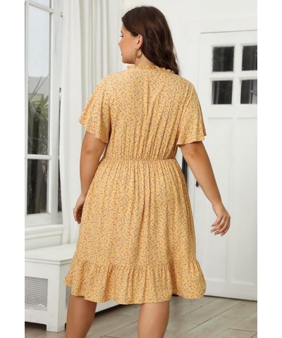 Womens Plus Size Boho Floral Print Tie V Neck Midi Flowy Dress with Pocket NEM416 Yellow Print $18.86 Dresses