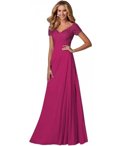 Mother of The Bride Dresses with Sleeves Laces Appliques V-Neck Chiffon Formal Evening Party Gown for Women ZJ03 Fuschia $32....