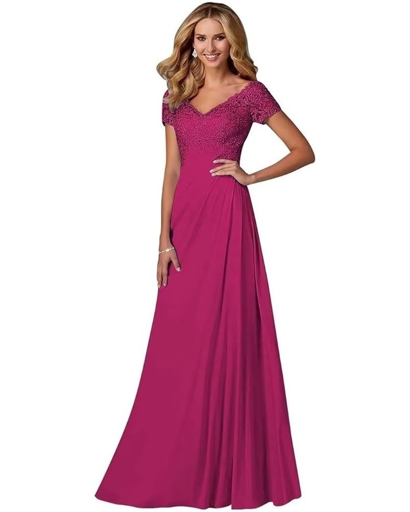 Mother of The Bride Dresses with Sleeves Laces Appliques V-Neck Chiffon Formal Evening Party Gown for Women ZJ03 Fuschia $32....