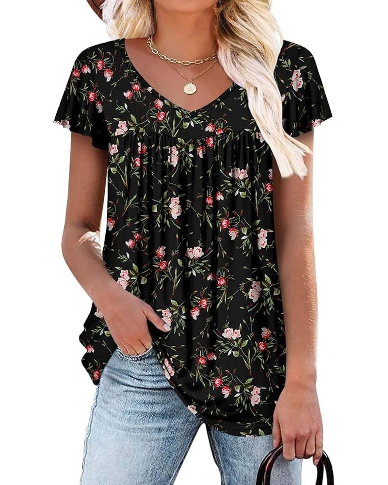 Womens Ruffle Sleeve Summer Tunic Tops V Neck Loose Fit Short Sleeve T Shirts A-ruffle Sleeve Greenleaves $16.00 Tops