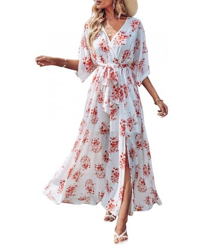 Women’s Summer Loose Kimono Maxi Dress Wrap V Neck 3/4 Sleeve Floral Print Slit Long Dresses Red Flor $19.00 Dresses