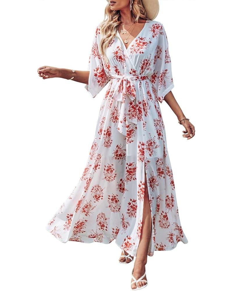 Women’s Summer Loose Kimono Maxi Dress Wrap V Neck 3/4 Sleeve Floral Print Slit Long Dresses Red Flor $19.00 Dresses