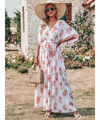 Women’s Summer Loose Kimono Maxi Dress Wrap V Neck 3/4 Sleeve Floral Print Slit Long Dresses Red Flor $19.00 Dresses