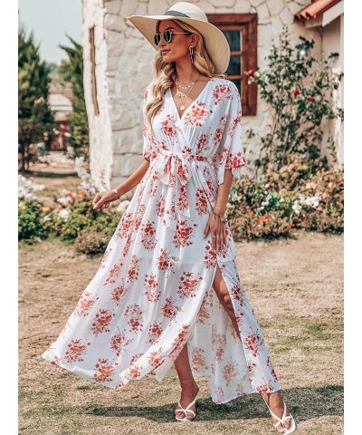 Women’s Summer Loose Kimono Maxi Dress Wrap V Neck 3/4 Sleeve Floral Print Slit Long Dresses Red Flor $19.00 Dresses