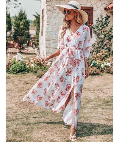 Women’s Summer Loose Kimono Maxi Dress Wrap V Neck 3/4 Sleeve Floral Print Slit Long Dresses Red Flor $19.00 Dresses