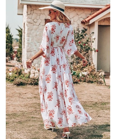 Women’s Summer Loose Kimono Maxi Dress Wrap V Neck 3/4 Sleeve Floral Print Slit Long Dresses Red Flor $19.00 Dresses