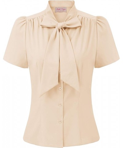 Summer Short Sleeve Office Button Down Blouse Stripe Shirt Tops with Bow Tie BP573 Nude $19.37 Blouses