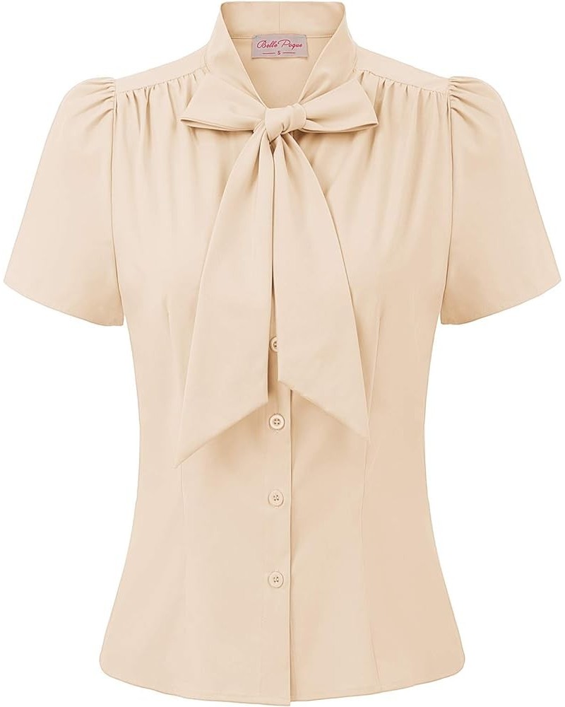 Summer Short Sleeve Office Button Down Blouse Stripe Shirt Tops with Bow Tie BP573 Nude $19.37 Blouses