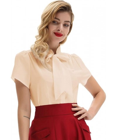 Summer Short Sleeve Office Button Down Blouse Stripe Shirt Tops with Bow Tie BP573 Nude $19.37 Blouses