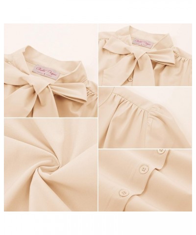 Summer Short Sleeve Office Button Down Blouse Stripe Shirt Tops with Bow Tie BP573 Nude $19.37 Blouses