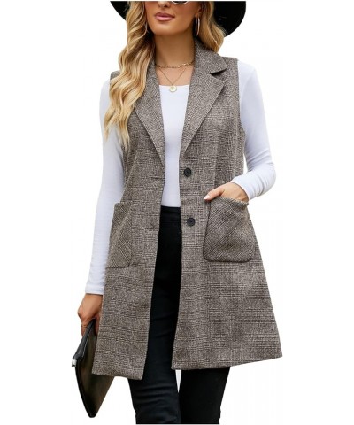 Women's Long Cardigan Vest Casual Plaid Open Front Sleeveless Blazer Trench Coat Jacket Khaki $17.64 Vests