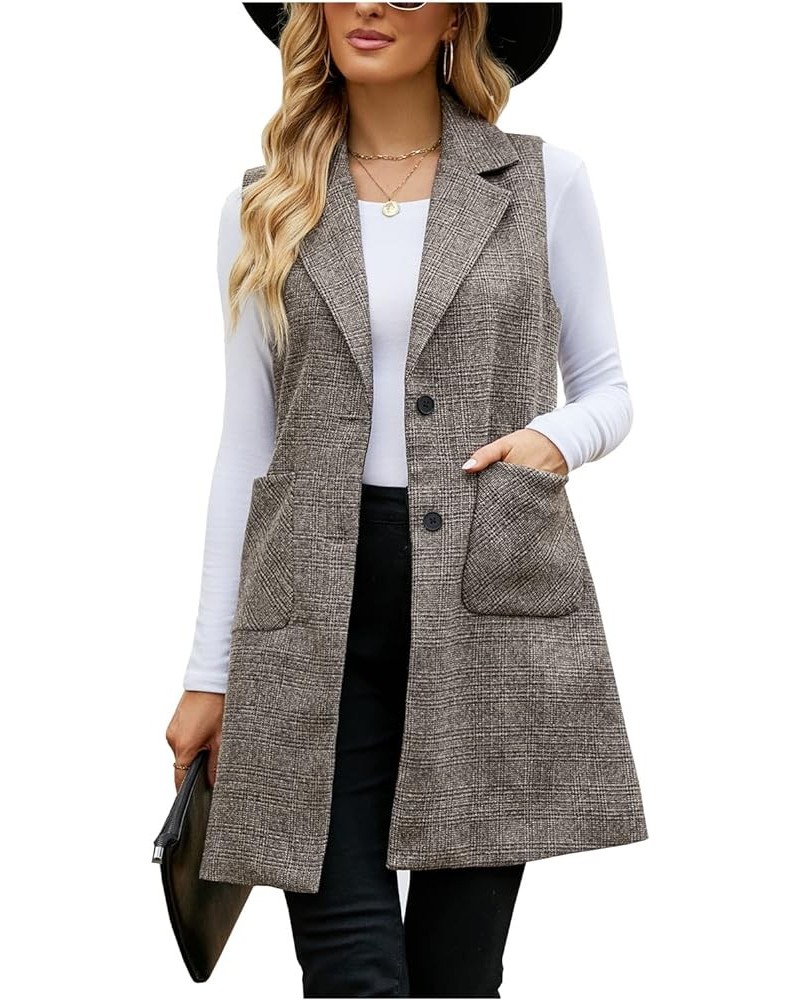 Women's Long Cardigan Vest Casual Plaid Open Front Sleeveless Blazer Trench Coat Jacket Khaki $17.64 Vests