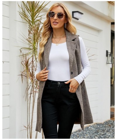 Women's Long Cardigan Vest Casual Plaid Open Front Sleeveless Blazer Trench Coat Jacket Khaki $17.64 Vests