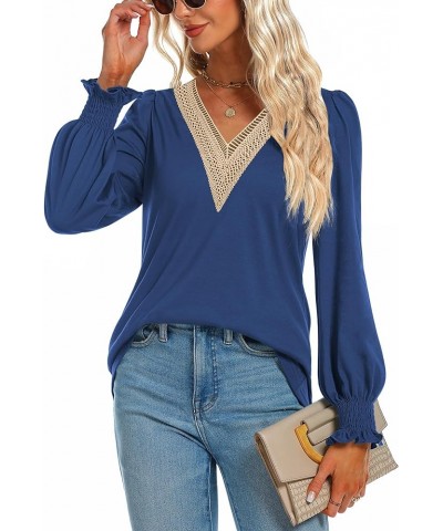 Women's Casual Lace V Neck T Shirts Dressy Smocked Puff Long Sleeve Tops Loose Tunic Blouses Navy Blue $9.17 Tops