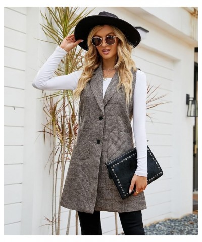 Women's Long Cardigan Vest Casual Plaid Open Front Sleeveless Blazer Trench Coat Jacket Khaki $17.64 Vests