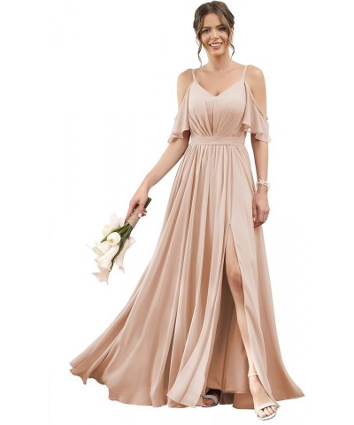 Women's Cold Shoulder Bridesmaid Dresses 2023 for Wedding Long V-Neck Formal Evening Party Dress with Slit VT018 Peach $31.85...