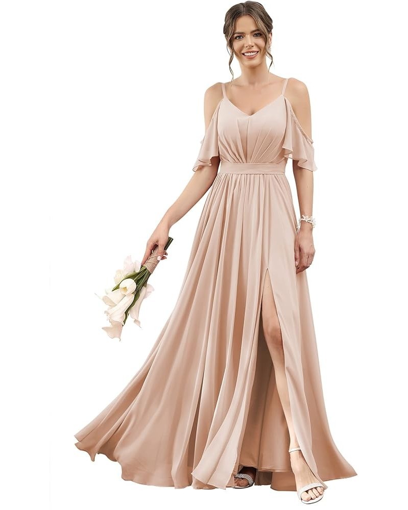 Women's Cold Shoulder Bridesmaid Dresses 2023 for Wedding Long V-Neck Formal Evening Party Dress with Slit VT018 Peach $31.85...