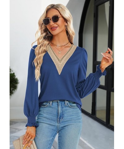 Women's Casual Lace V Neck T Shirts Dressy Smocked Puff Long Sleeve Tops Loose Tunic Blouses Navy Blue $9.17 Tops