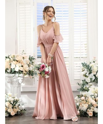 Women's Cold Shoulder Bridesmaid Dresses 2023 for Wedding Long V-Neck Formal Evening Party Dress with Slit VT018 Peach $31.85...