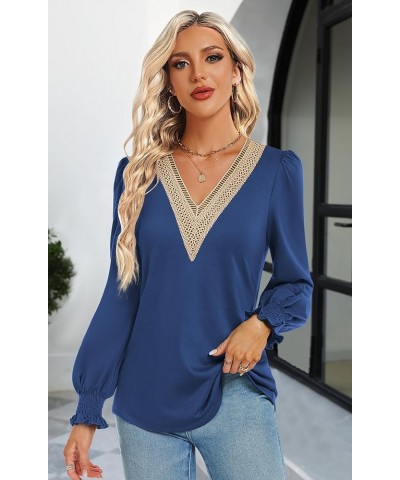 Women's Casual Lace V Neck T Shirts Dressy Smocked Puff Long Sleeve Tops Loose Tunic Blouses Navy Blue $9.17 Tops