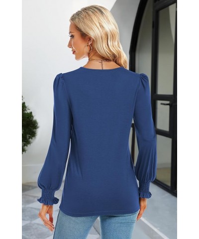 Women's Casual Lace V Neck T Shirts Dressy Smocked Puff Long Sleeve Tops Loose Tunic Blouses Navy Blue $9.17 Tops