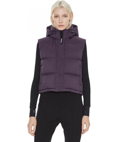 Women's Cropped Puffer Vest - Hooded Sleeveless Down Jacket Stand Collar Gilet with Pockets Purple $65.10 Vests