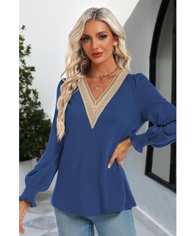 Women's Casual Lace V Neck T Shirts Dressy Smocked Puff Long Sleeve Tops Loose Tunic Blouses Navy Blue $9.17 Tops