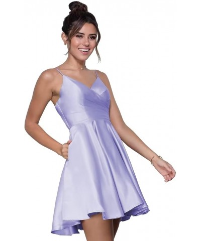 V-Neck Homecoming Dresses for Teens Spaghetti Strap Satin Short Prom Dress with Pockets Lavender $24.07 Dresses