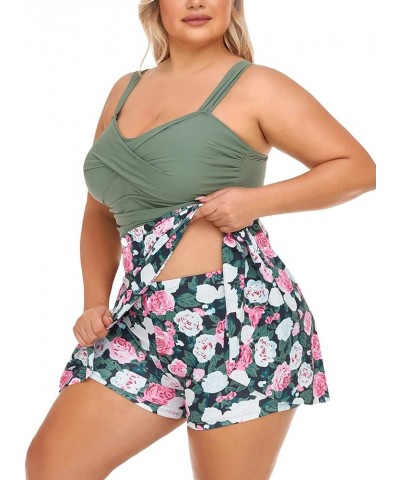 Women Plus Size Two Piece Swimsuits Flowy Tankini Swim Dress Bathing Suit with Shorts Rose Bush $17.84 Swimsuits