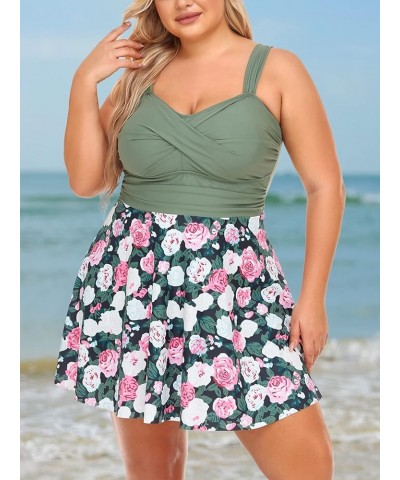 Women Plus Size Two Piece Swimsuits Flowy Tankini Swim Dress Bathing Suit with Shorts Rose Bush $17.84 Swimsuits