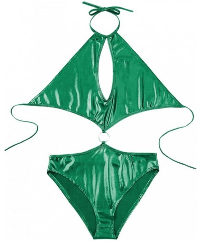 Womens Sexy One Piece Swimwear Strappy Self-Tie Lace Up Leather Bodysuits Monokini T green $6.02 Swimsuits