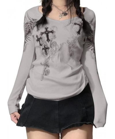 Vintage Fairy Print Long Sleeve Crop Top for Women Rhinestone Graphic T-Shirts Round Neck 90S Grunge Tees A-cross Gray $9.71 ...