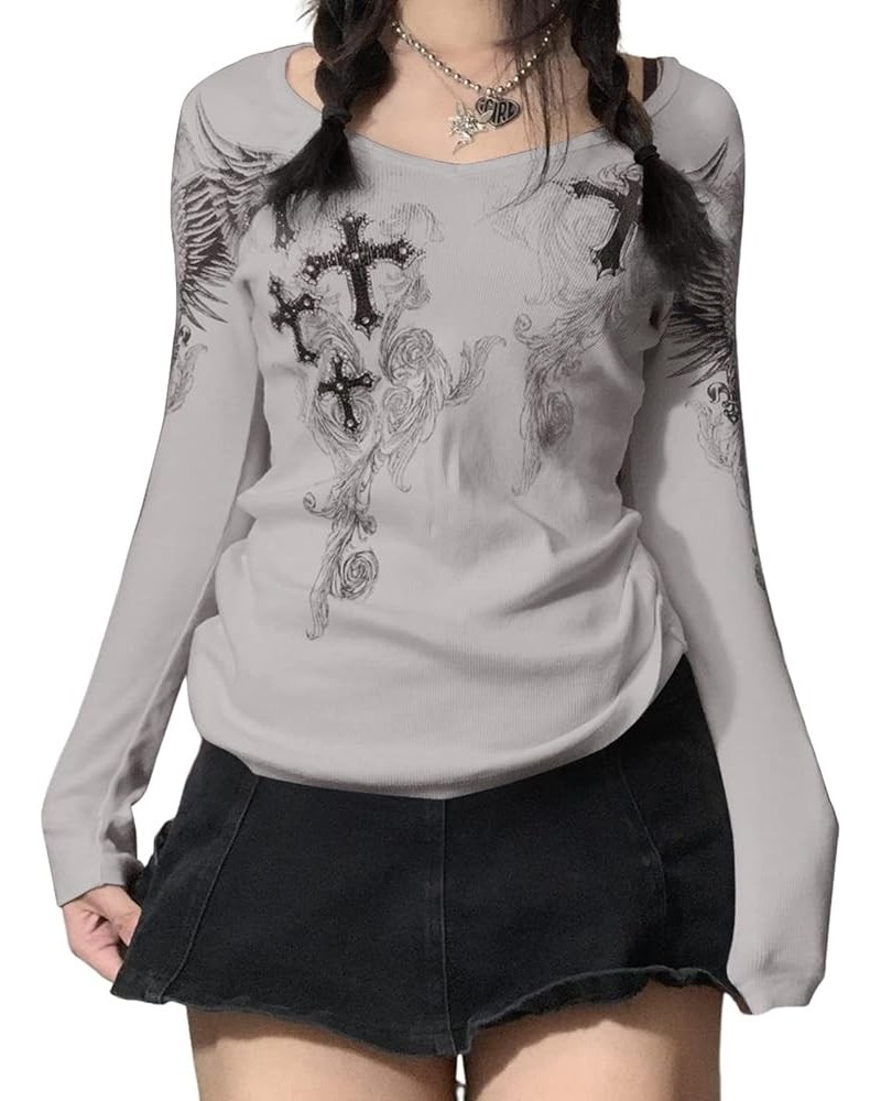 Vintage Fairy Print Long Sleeve Crop Top for Women Rhinestone Graphic T-Shirts Round Neck 90S Grunge Tees A-cross Gray $9.71 ...