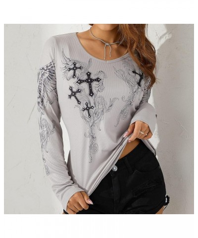 Vintage Fairy Print Long Sleeve Crop Top for Women Rhinestone Graphic T-Shirts Round Neck 90S Grunge Tees A-cross Gray $9.71 ...