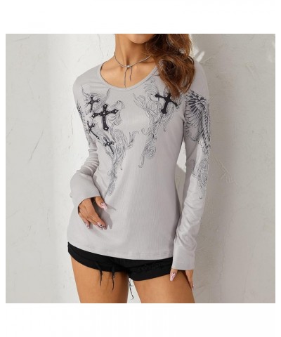 Vintage Fairy Print Long Sleeve Crop Top for Women Rhinestone Graphic T-Shirts Round Neck 90S Grunge Tees A-cross Gray $9.71 ...