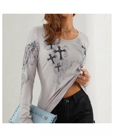 Vintage Fairy Print Long Sleeve Crop Top for Women Rhinestone Graphic T-Shirts Round Neck 90S Grunge Tees A-cross Gray $9.71 ...