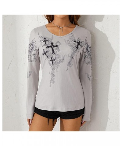 Vintage Fairy Print Long Sleeve Crop Top for Women Rhinestone Graphic T-Shirts Round Neck 90S Grunge Tees A-cross Gray $9.71 ...