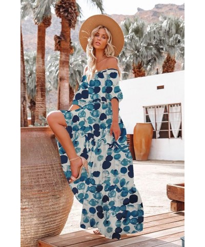 Women's Summer Casual Off Shoulder Maxi Dress Puff Short Sleeve Bohemian Floral Long Swing Dress E06 E06 as Picture74 $22.88 ...