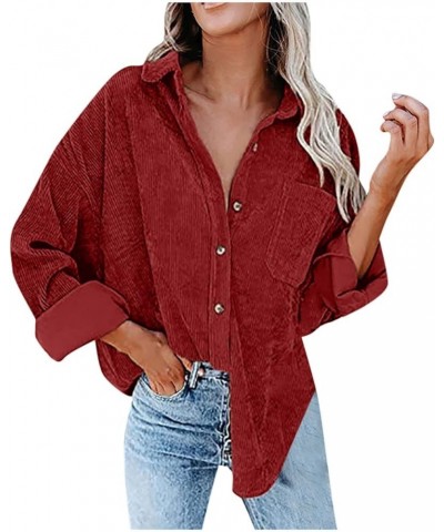 Womens Corduroy Button Down Shirts 2022 Fall Fashion Long Sleeve Loose Jacket Casual Oversized Shacket Blouse Top Red $9.88 B...