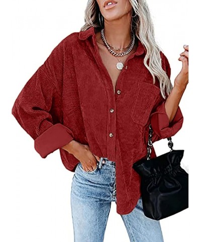 Womens Corduroy Button Down Shirts 2022 Fall Fashion Long Sleeve Loose Jacket Casual Oversized Shacket Blouse Top Red $9.88 B...