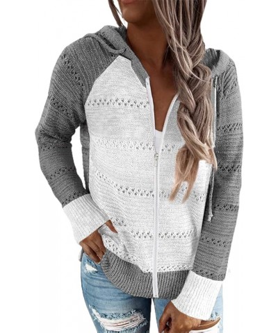 SHEWIN Womens Long Sleeve Knit Sweater Zip Up Hoodie Jacket Lightweight Drawstring Color Block Sweatshirt C Color Block Grey ...