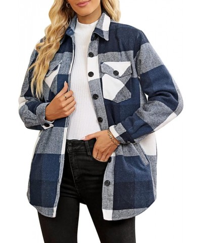 Plaid Jackets for Women Flannel Quilted Shacket Coats Oversized Button Down Shirts Jacket Dark Blue Plaid $27.83 Jackets