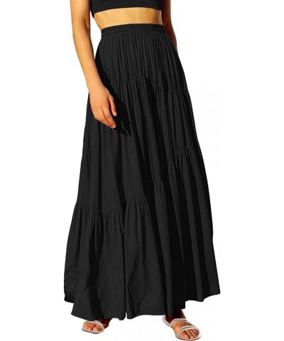 Women’s Boho Elastic High Waist Pleated A-Line Flowy Swing Asymmetric Tiered Maxi Long Skirt Dress with Pockets Black $21.65 ...