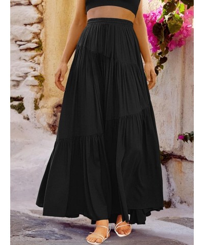 Women’s Boho Elastic High Waist Pleated A-Line Flowy Swing Asymmetric Tiered Maxi Long Skirt Dress with Pockets Black $21.65 ...