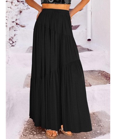 Women’s Boho Elastic High Waist Pleated A-Line Flowy Swing Asymmetric Tiered Maxi Long Skirt Dress with Pockets Black $21.65 ...